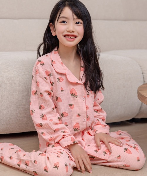 DAY CLOSET パジャマ キッズ 長袖ダブルガーゼ仕立てのパイピング総柄
