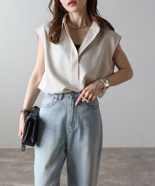 セットアップ 「SET」フレンチスリーブスキッパーシャツ×裾ボタンカーゴパンツ レディースの画像