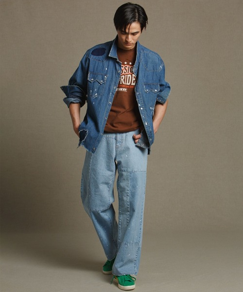 ワイドパンツ ジーンズ 「rebear by Johnbull」パッチワークワイドジーンズ メンズ レディースの画像