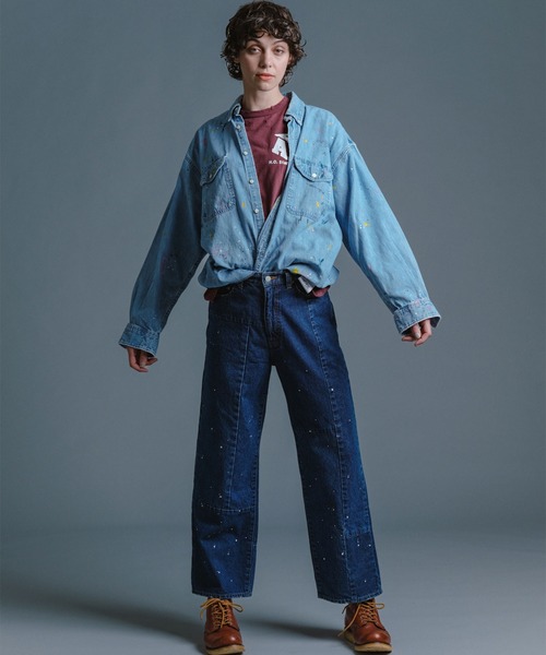 ワイドパンツ ジーンズ 「rebear by Johnbull」パッチワークワイドジーンズ メンズ レディースの画像