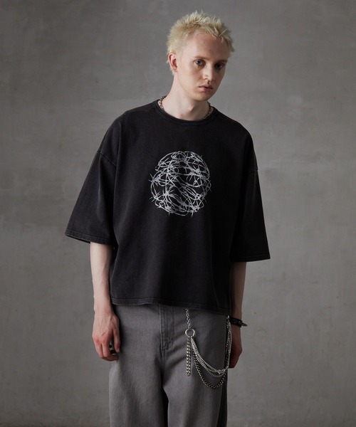 GRANCY グラフィック黒ロンT GRANCY】LinestoneDesign Graphic Damage LongTee / ライン