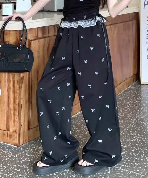 Riff（リフ） パンツ ウエストレースリボン総柄パンツ レディース