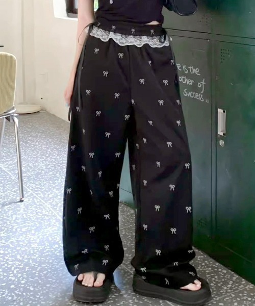 Riff（リフ） パンツ ウエストレースリボン総柄パンツ レディース