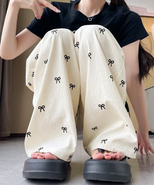 Riff（リフ） パンツ ウエストレースリボン総柄パンツ レディース