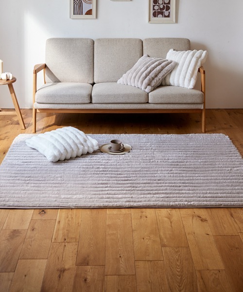 ラグ ラグマット モコモコ デザインラグ ストライプ ラビットファー調