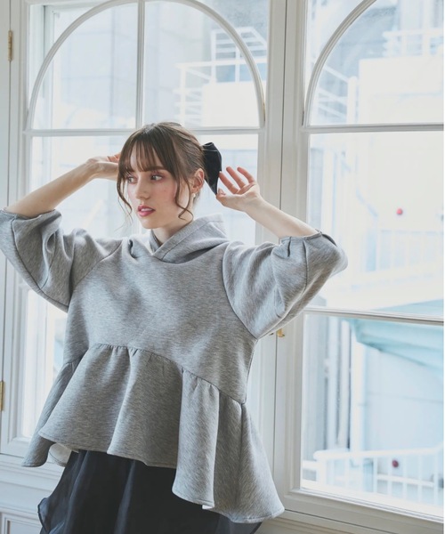 miyu 3/26 グレーM パーカー Myu（ミュー） パーカー ボンディングペプラムフーディ レディース