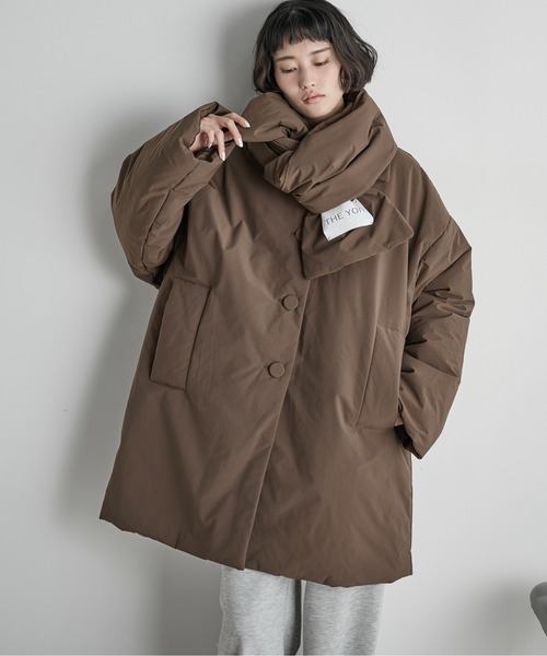 無地 ミドル ボタン ポケット ファスナー ダウンジャケットコート [ブラウン]」 レディース服がお得な 	- THE Yon ダウンコート ダウンジャケット ストールセットミドルパフ