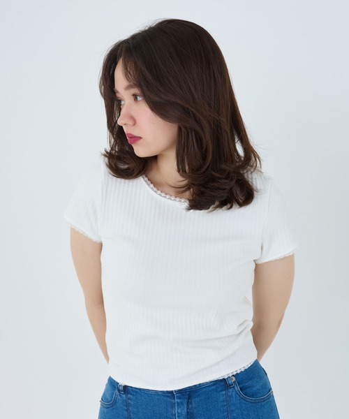 「TINA:JOJUN」 半袖カットソー M ホワイト×ネイビー レディース_画像3