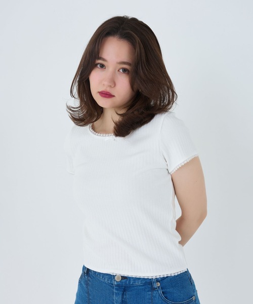 「TINA:JOJUN」 半袖カットソー M ホワイト×ネイビー レディース_画像4