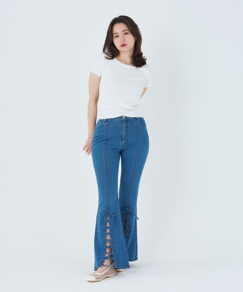 「TINA:JOJUN」 半袖カットソー M ホワイト×ネイビー レディース_画像5