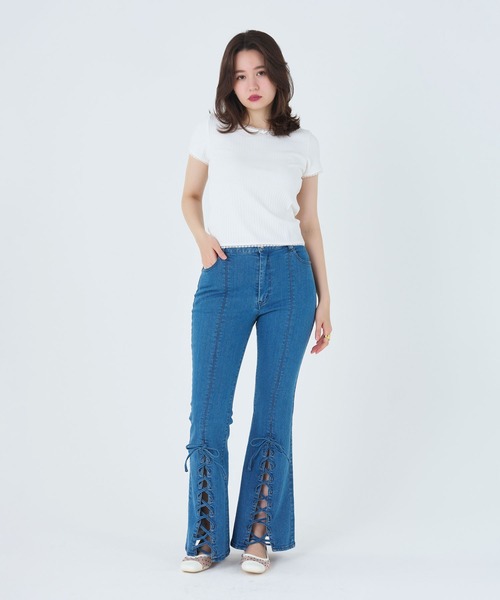 「TINA:JOJUN」 半袖カットソー M ホワイト×ネイビー レディース_画像6