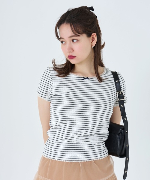 「TINA:JOJUN」 半袖カットソー M ホワイト×ネイビー レディース_画像8