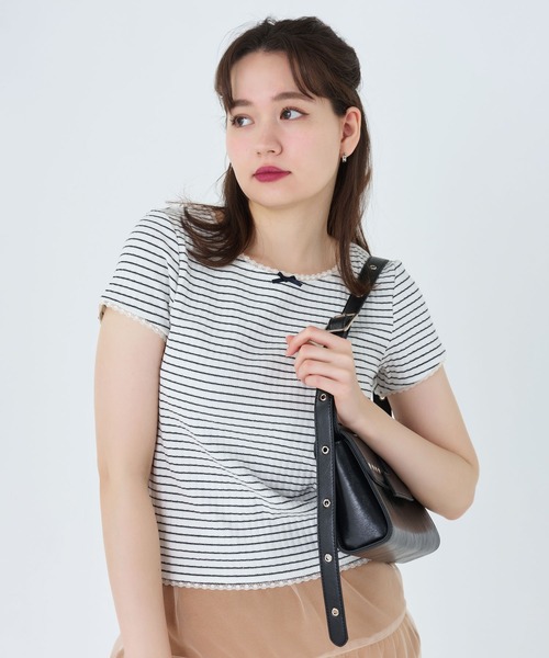 「TINA:JOJUN」 半袖カットソー M ホワイト×ネイビー レディース_画像9