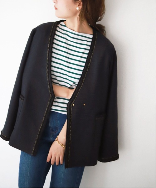 【美品】スローブイエナ ノーカラーブルゾン ジャケット ネイビー SLOBE IENA（スローブイエナ） ノーカラージャケット FREE ネイビー