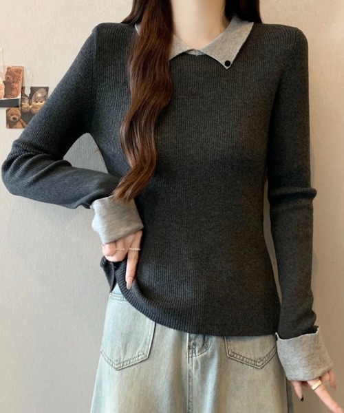 Diosfront ニット セーター 配色襟付きニットトップス レディース