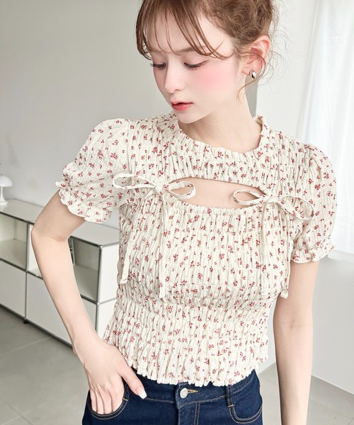 美品 MACHATT フラワープリント 半袖トップス moment+ tシャツ 花柄プリントフロントオープンボレロデザイン半袖