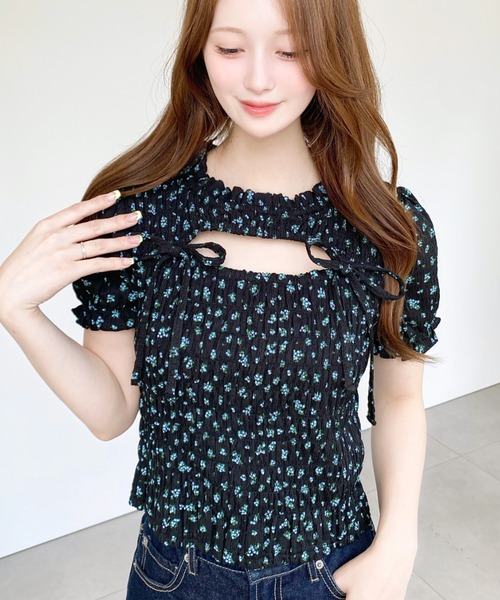 moment+ tシャツ 半袖 花柄プリントフロントオープンボレロデザイン