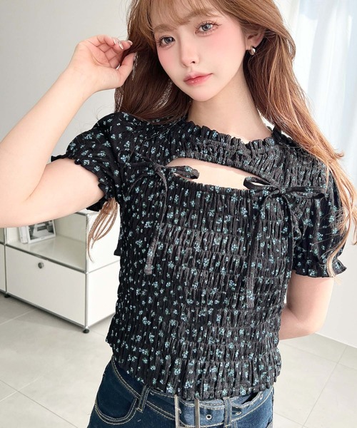 moment+ tシャツ 花柄プリントフロントオープンボレロデザイン半袖