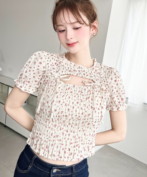 moment+ tシャツ 花柄プリントフロントオープンボレロデザイン半袖