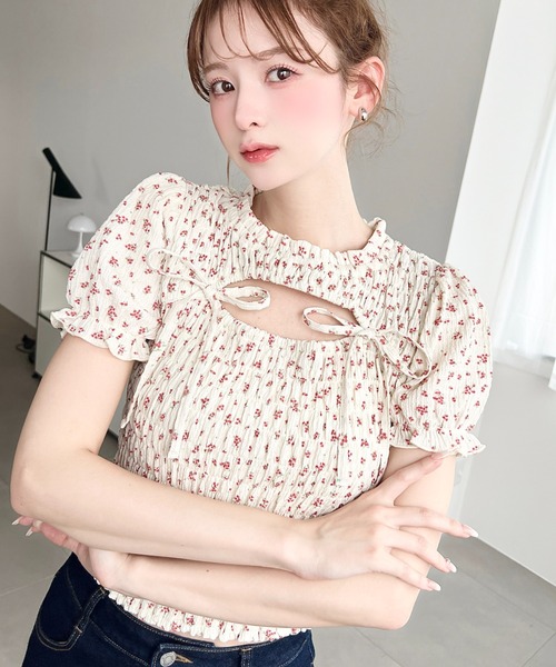 moment+ tシャツ 半袖 花柄プリントフロントオープンボレロデザイン