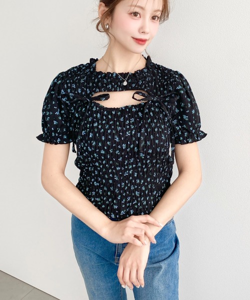 moment+ tシャツ 花柄プリントフロントオープンボレロデザイン半袖
