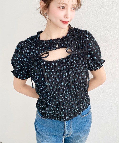 moment+ tシャツ 花柄プリントフロントオープンボレロデザイン半袖