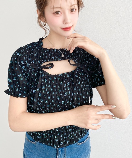moment+ tシャツ 花柄プリントフロントオープンボレロデザイン半袖