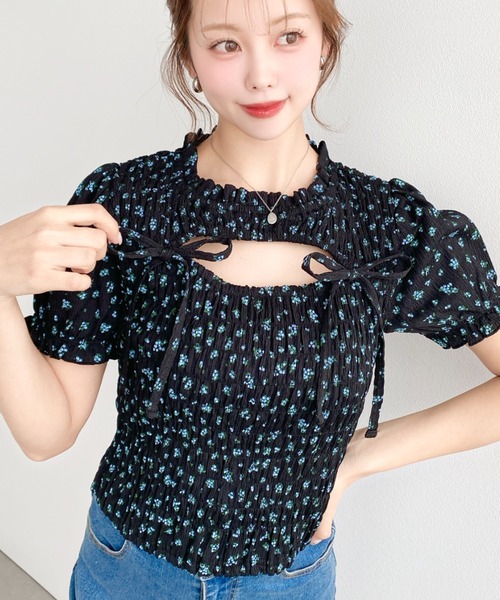 moment+ tシャツ 半袖 花柄プリントフロントオープンボレロデザイン