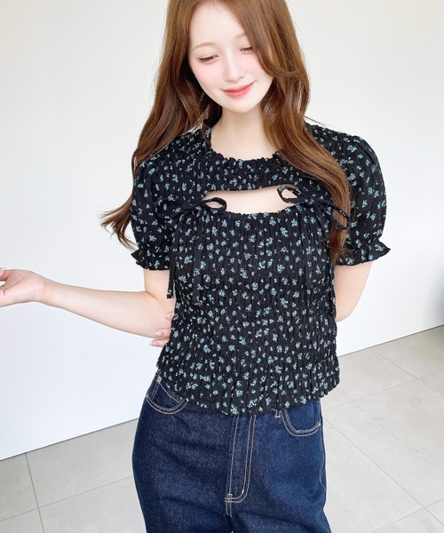moment+ tシャツ 半袖 花柄プリントフロントオープンボレロデザイン