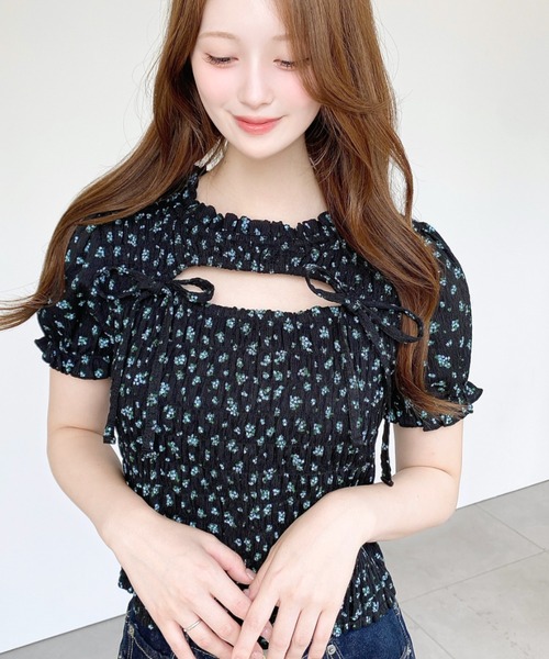 HYSTERIC GLAMOUR 花柄 シャーリング 半袖 トップス moment+ tシャツ 半袖 花柄プリントフロントオープンボレロデザイン
