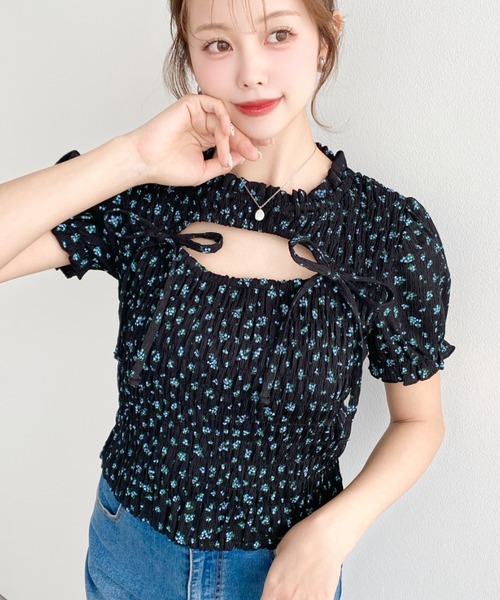 moment+ tシャツ 半袖 花柄プリントフロントオープンボレロデザイン