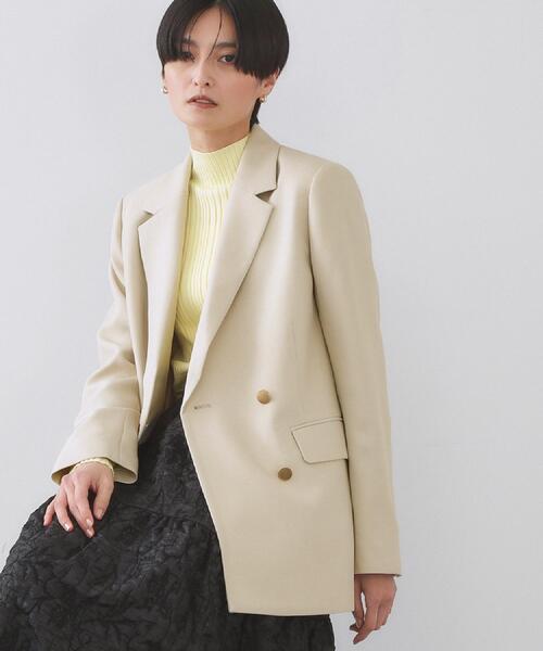 クリーム色 プリーツ テーラードジャケット ショートテーラードジャケット【洗濯機洗い可】（2002427566
