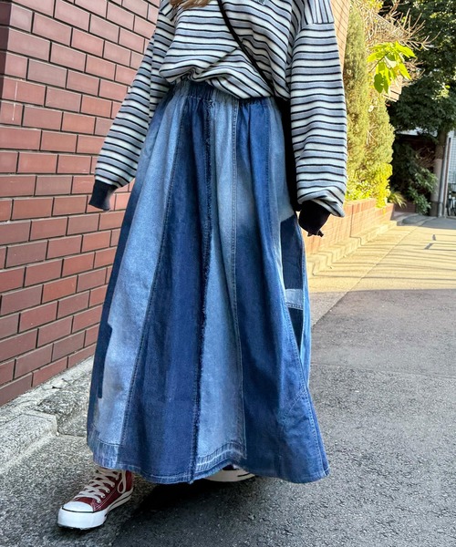ダブルデニム❤リメイクスカート DOUBLE NAME（ダブルネーム） スカート リメイク風パッチワークデニム