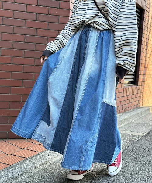 古着デニムリメイク　デニムパッチワークスカート リメイクスカート　リメイクデニム 和洋折衷リメイク 浴衣 デニムスカート パッチワーク コラージュ
