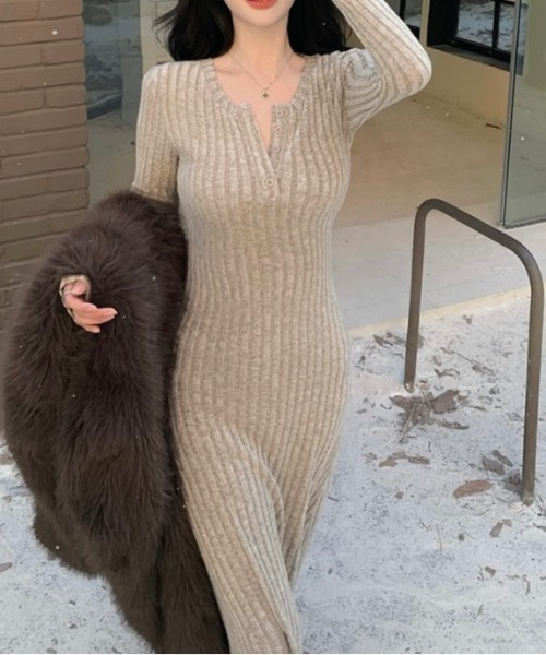 「LADY LIKE」 長袖ワンピース M ベージュ レディース_画像6