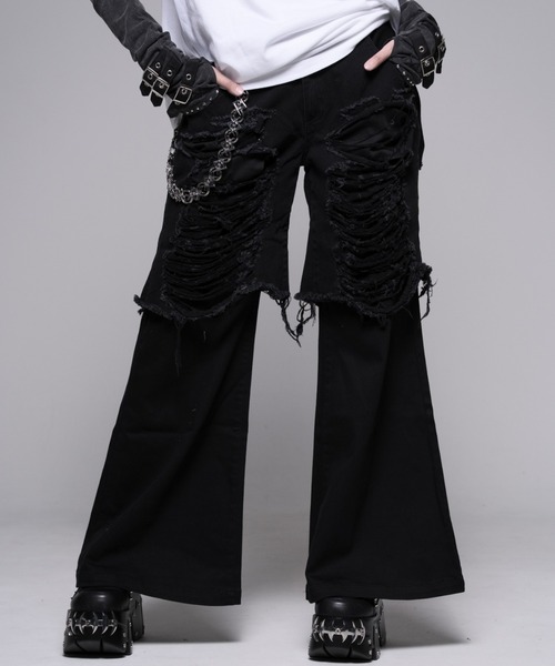 ワイドパンツ ジーンズ デニム デニムパンツ 「REFLEM/レフレム」レイヤードクラッシュデニムパンツ レディース メンズの画像