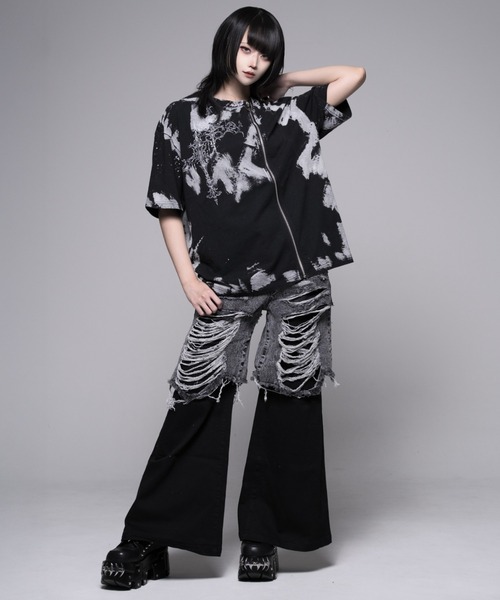ワイドパンツ ジーンズ デニム デニムパンツ 「REFLEM/レフレム」レイヤードクラッシュデニムパンツ レディース メンズの画像