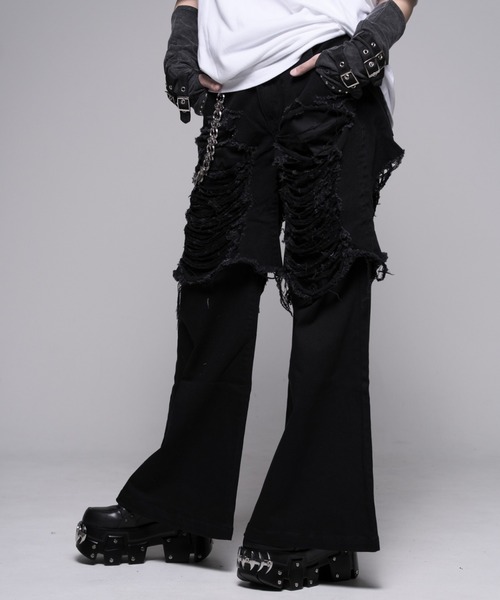 ワイドパンツ ジーンズ デニム デニムパンツ 「REFLEM/レフレム」レイヤードクラッシュデニムパンツ レディース メンズの画像