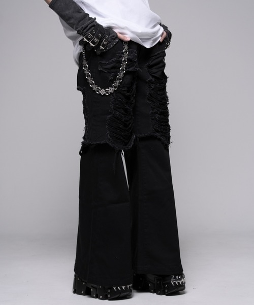 ワイドパンツ ジーンズ デニム デニムパンツ 「REFLEM/レフレム」レイヤードクラッシュデニムパンツ レディース メンズの画像