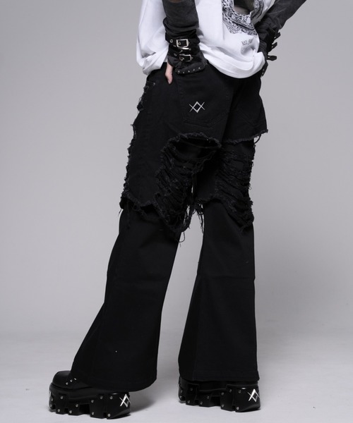 ワイドパンツ ジーンズ デニム デニムパンツ 「REFLEM/レフレム」レイヤードクラッシュデニムパンツ レディース メンズの画像