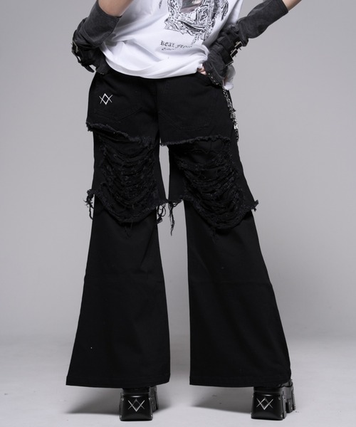 ワイドパンツ ジーンズ デニム デニムパンツ 「REFLEM/レフレム」レイヤードクラッシュデニムパンツ レディース メンズの画像