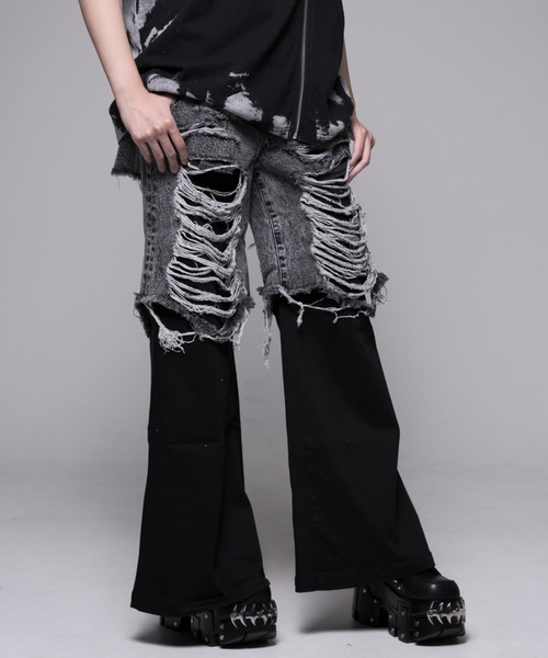 ワイドパンツ ジーンズ デニム デニムパンツ 「REFLEM/レフレム」レイヤードクラッシュデニムパンツ レディース メンズの画像