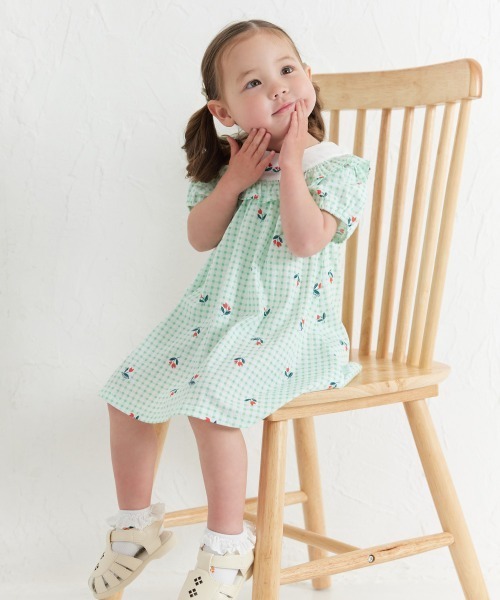 チェック柄 半袖ワンピース 110cm ワンピース チューリップチェック柄半袖フリルワンピース キッズ 子供
