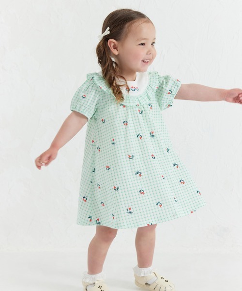 チェック柄 半袖ワンピース 110cm ワンピース チューリップチェック柄半袖フリルワンピース キッズ 子供