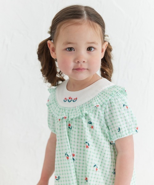 ワンピース チューリップチェック柄半袖フリルワンピース キッズ 子供