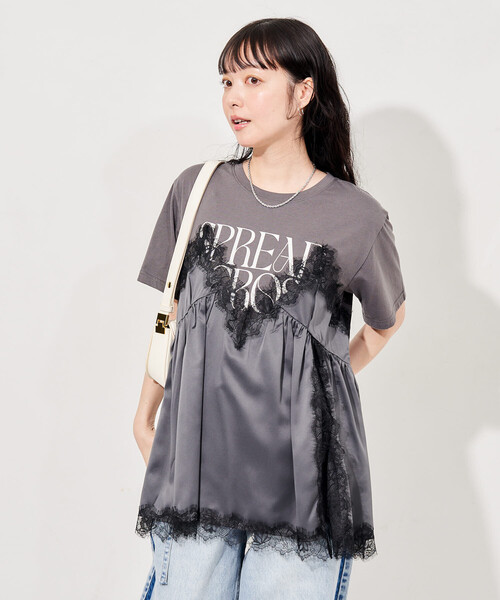 tシャツ レースキャミ ドッキングTシャツ/レイヤードデザインTシャツ レディースの画像
