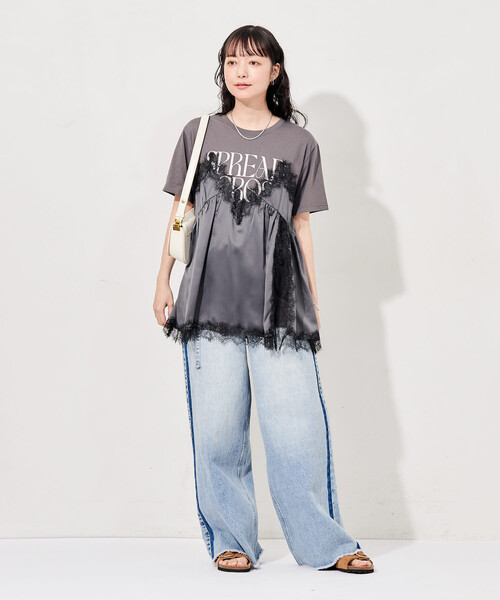 tシャツ レースキャミ ドッキングTシャツ/レイヤードデザインTシャツ レディースの画像