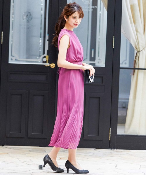 Fashion Letter ドレス レースベルト風プリーツロング結婚式ワンピース 