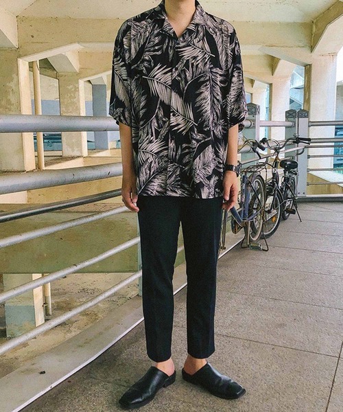メンズ リーフ柄シャツ 大きめ ルーズ 肩落ち H00066 NO NEED シャツ リーフ柄オープンカラーシャツ ビッグシルエット