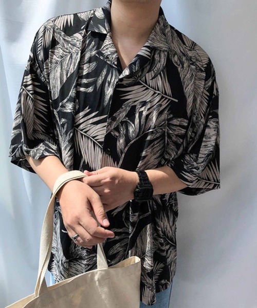 メンズ リーフ柄シャツ オーバーサイズシャツ Q00340 NO NEED シャツ リーフ柄オープンカラーシャツ ビッグシルエット